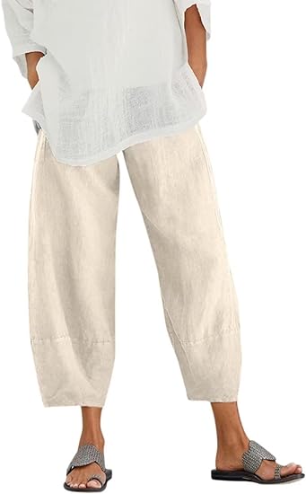 Photo 1 of KOOBETON Women Summer Casual Cotton Linen Pants Loose High Waist Capris Lounge Trousers Med