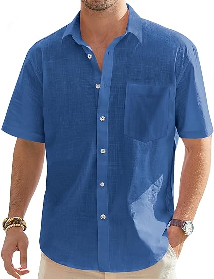 Photo 1 of .VER Men's Cotton Linen Short Sleeve Shirts Casual Lightweight Button Down Shirts Beach Summer Tops with Pocket XL