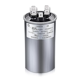 Photo 1 of 60/5 MFD uF ±6% 370/440 VAC CBB65B Dual Run Round Capacitor, UL Listed Motor Run Capacitor