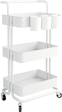 Photo 1 of AIYAKA 3-Tier Rolling Utility Storage Cart, Multifunction Trolley Service Cart, with Mesh Basket Handles and Wheels, for Bathroom, Kitchen, Office, White 