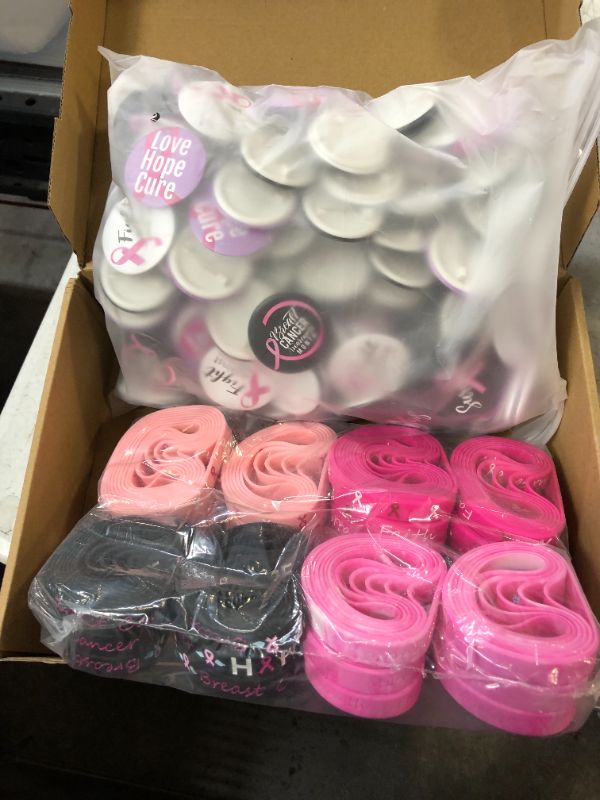 Photo 3 of 450 Pcs Breast Cancer Awareness Accessories, Breast Cancer Bracelets Silicone Wristbands Pink Ribbon Button Pins and Stickers for Hope Faith Strength Courage Gift Event Survivor Charity Party Supply
