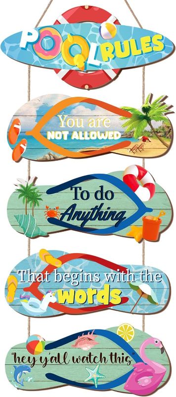 Photo 1 of 5 Pack Wooden Pool Rules Signs 12x4 Inch Pool Outdoor Decorations Summer Slippers Hanging Pool Patio Wall Sign for Swimming Pool Home Bar Decor
