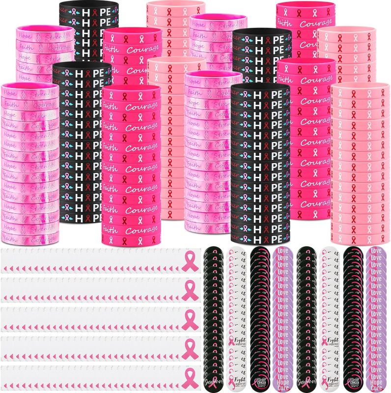 Photo 1 of 450 Pcs Breast Cancer Awareness Accessories, Breast Cancer Bracelets Silicone Wristbands Pink Ribbon Button Pins and Stickers for Hope Faith Strength Courage Gift Event Survivor Charity Party Supply
