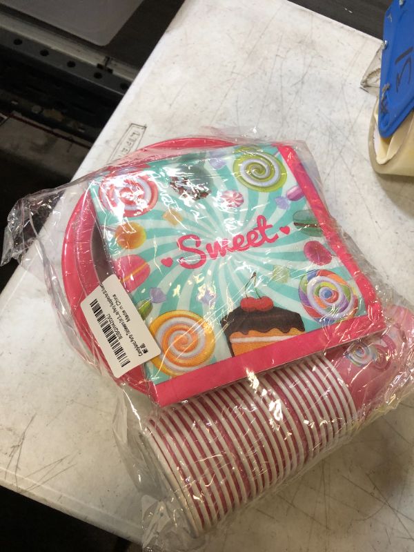 Photo 2 of 112Pcs Candyland Party Tableware Set Serves 24 - Disposable Paper Plates, Napkins, Cups, Sweet Lollipop Theme Birthday Party Supplies for 24 Guests