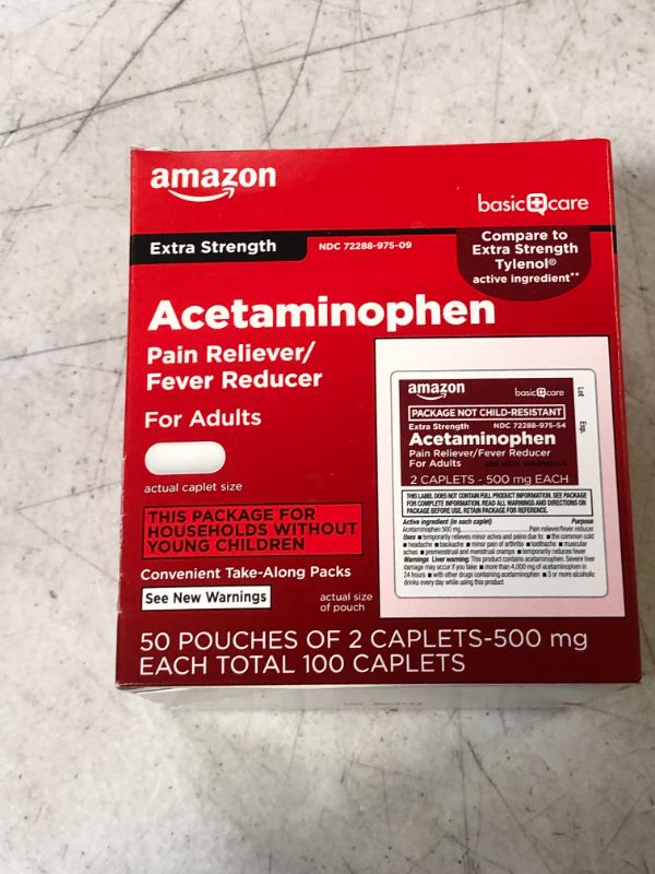 Photo 3 of Amazon Basic Care Extra Strength Acetaminophen Caplets 500 mg, Pain Reliever and Fever Reducer, 50 Pouches of 2 Caplets Each, Total 100 2 Count (Pack of 50) Extra Strength
EXPO 12/2024