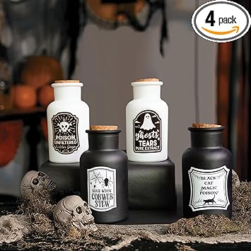 Photo 1 of AMeek Halloween Decorations Indoor, 4 Potion Bottles with Cork & Labels for Halloween Tiered Tray Decor, Black and White Glass Apothecary Bottles Halloween Decor for Home Mantle Table
