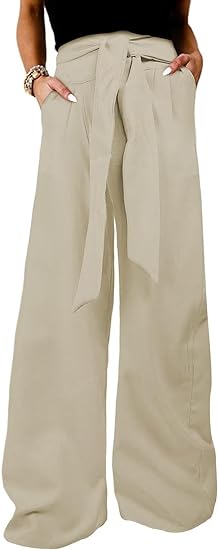 Photo 1 of Acelitt Women Casual Wide Leg Pants Belted Elastic Waist Y2K Pants with Pockets, L
