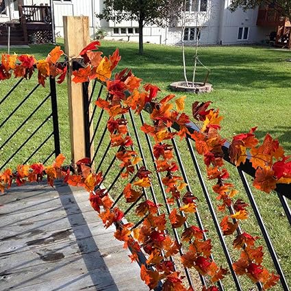 Photo 1 of 2 Pack Fall Maple Leaves Garland Hanging Leave Vines 5.8ft/Piece Halloween Thanksgiving Decorations Artificial Foliage for Indoor Outdoor Dinner Wedding Party
