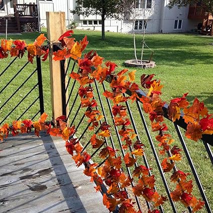 Photo 1 of 2 Pack Fall Maple Leaves Garland Hanging Leave Vines 5.8ft/Piece Halloween Thanksgiving Decorations Artificial Foliage for Indoor Outdoor Dinner Wedding Party
