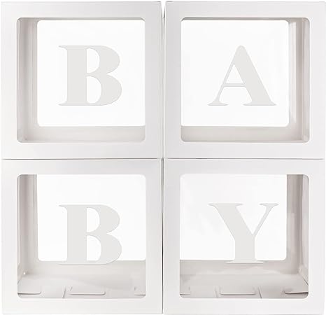 Photo 1 of Baby Boxes with Letters for Baby Shower, 4 Pcs Transparent Balloon Boxes with 8 Letters for Gender Reveal Decorations, Birthday Party Decorations (White)
