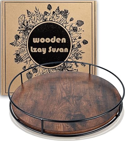 Photo 1 of 12 Inch Wood Lazy Susan Turntable for Table, Kitchen Rustic Brown Turntable Organizer with Steel Frame, 360 Degree Decorative Turntable for Countertop Cabinet or Centerpieces
