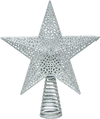 Photo 1 of Christmas Tree Star Topper, LED Color Hollow Glitter Projector, 12 in 3D Hollowed Pentagram Tree Topper, Insert Silver Sparkling Christmas Tree Overhead Lights for Family Christmas Tree Decoration
