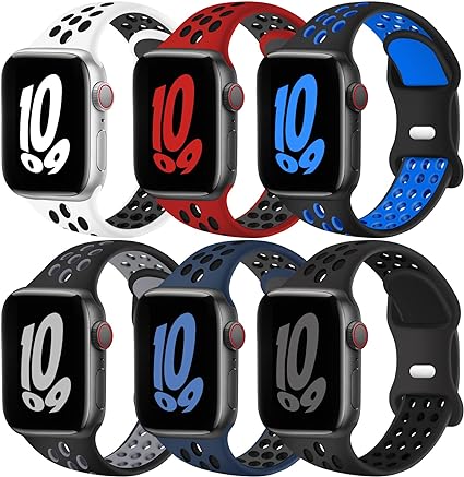 Photo 1 of 6 Packs Sport Bands Compatible with Apple Watch Band Ultra 49mm 45mm 44mm 42mm 41mm 40mm 38mm Men Women, Silicone Strap for iWatch Series 8 7 SE 6 5 4 3 2 1, Adjustable Soft Breathable Replacement Wristband, A /45/44/42mm
