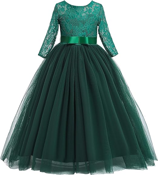 Photo 1 of  Lace Flower Girls Dress Long A Line Bridesmaid Wedding Tulle Dresses Birthday Formal Party Ball GREEN SIZE 110