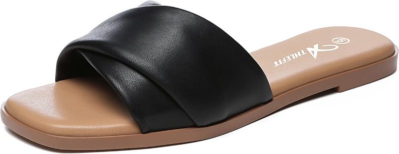 Photo 1 of Athlefit Women's Summer Flat Sandals Slip On Square Toe Soft Leather Slide Sandals 6.5
