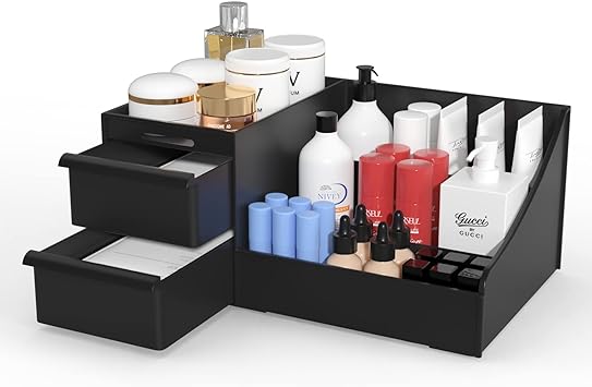 Photo 1 of VZINO Drawer Makeup Organizer for Vanity, Large Black Desk Organizer for Cosmetics, Skincare, or Stationery, Perfect for Bedroom and Office Countertops
