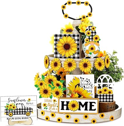 Photo 1 of 12 Pcs Sunflower Tiered Tray Decor Sunflower Decorations for Home Farmhouse Tray Decor Set Rustic Flower Table Top Decor Summer Tiered Tray Decor for Home Farmhouse Rustic Kitchen Decorations
