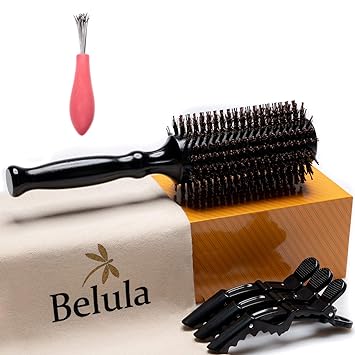 Photo 1 of Belula Boar Bristle Round Brush for Blow Drying Set. Round Hair Brush With Large 2.7” Wooden Barrel. Hairbrush Ideal to Add Volume and Body. Free 3 x Hair Clips & Travel Bag.
