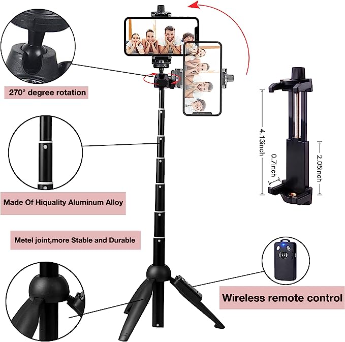 Photo 1 of Portable 40 Inch Aluminum Alloy Selfie Stick Phone Tripod with Wireless Remote Shutter Compatible with 14 13 12 11 pro Max Xr X 8 7 6 Plus, Android Smartphone black