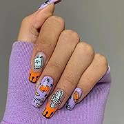 Photo 1 of diduikalor Halloween Medium Press on Nails French Tip Coffin Fake Nails Skull Pumpkin Cute Halloween Design Coffin Glue on Nails Acrylic False Nails 