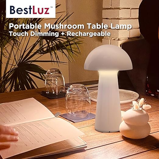 Photo 1 of BestLuz LED Table Lamp Outdoor, Rechargeable Battery Powered Table Lamp, Cordless Touch Dimming Mushroom Table Light for Restaurant/Bar/Cafe/Patio/Bedroom (White)
