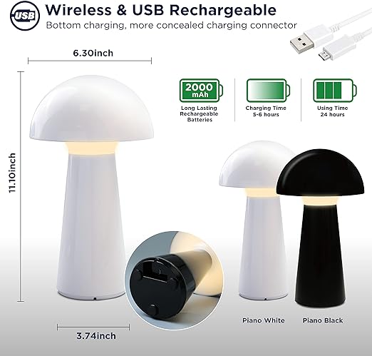 Photo 2 of BestLuz LED Table Lamp Outdoor, Rechargeable Battery Powered Table Lamp, Cordless Touch Dimming Mushroom Table Light for Restaurant/Bar/Cafe/Patio/Bedroom (White)
