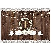 Photo 1 of Allenjoy 7x5ft God Bless Themed Backdrop Baptism Decoration First Holy Communion Rustic Wood Ribbon Christening Party Decorations Newborn Baby Shower Lace Banner Photography Background Supplies Props