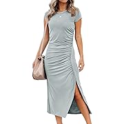 Photo 1 of DEEP SELF Women's Summer High Side Slit Maxi Dress Crew Neck Bodycon Ruched Side Slit T Shirt Dress Grey