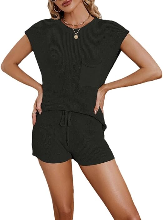 Photo 1 of  Womens Casual Short Sleeve Solid Color Knit Pullover Sweatsuit 2 Piece Short Sweater Outfits Sets XL