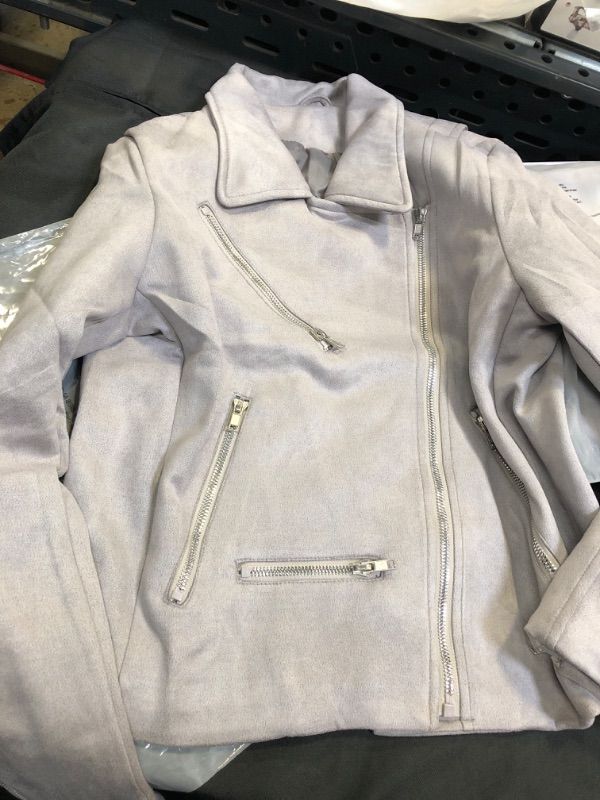 Photo 1 of  Women Faux Suede Zipped Motorcycle Jacket Notch Collar Moto Biker Short Coat Casual Zip Party Outwear with Pockets Small Khaki