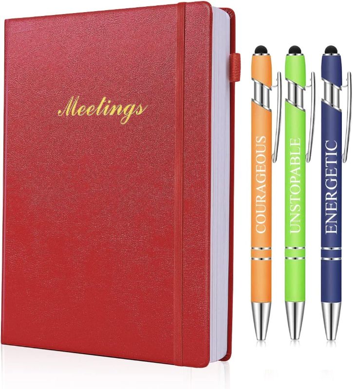 Photo 1 of Meeting Notebook for Work with 3 Pcs Inspiration Appreciation Ballpoint Pens, Alrigon Work Planner Notebook with Action Items for Note Taking, Office/ Business Meeting Notes Agenda Organizer for Men & Women, 160 Pages RED