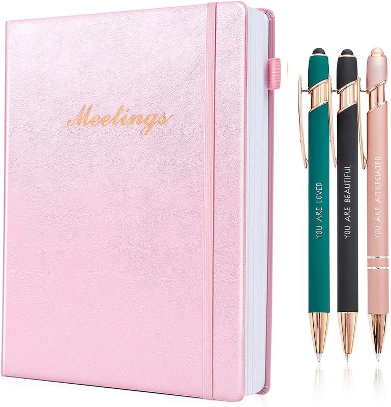 Photo 1 of Meeting Notebook for Work with 3 Pcs Inspiration Appreciation Ballpoint Pens, Alrigon Work Planner Notebook with Action Items for Note Taking, Office/ Business Meeting Notes Agenda Organizer for Men & Women, 160 Pages PINK