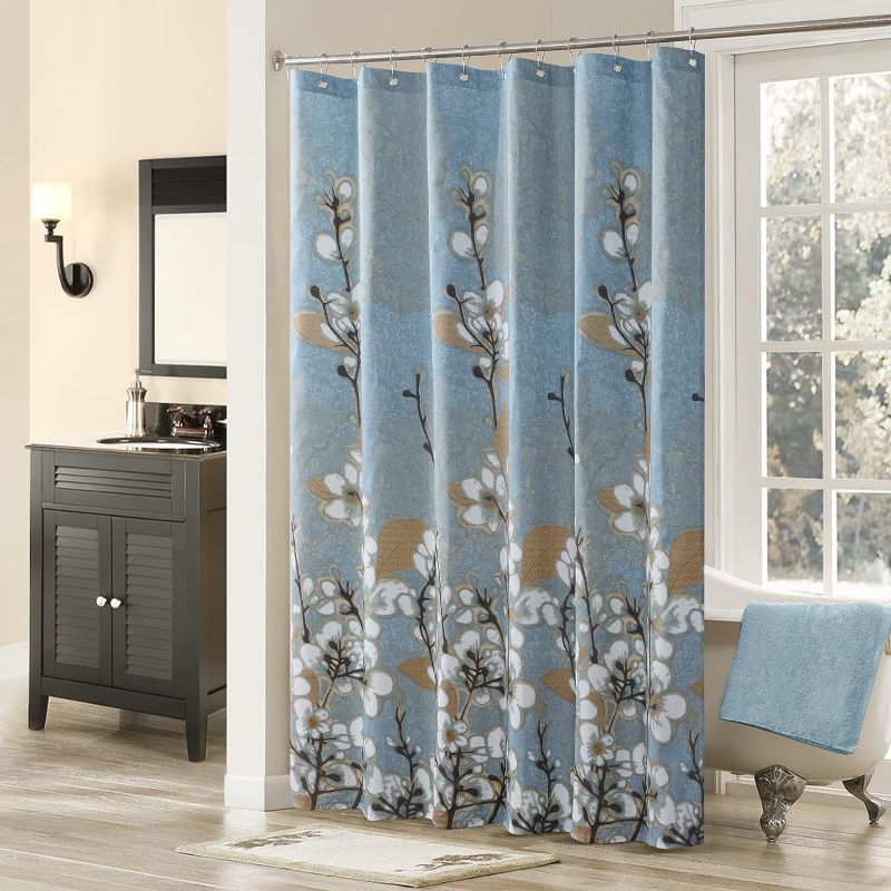 Photo 1 of  CURTAIN Hanakotoba Blue Polyester Flower Fabric Floral Waterproof Printed Plants Shower Curtain for Bathroom,72" W x Extra 78" H