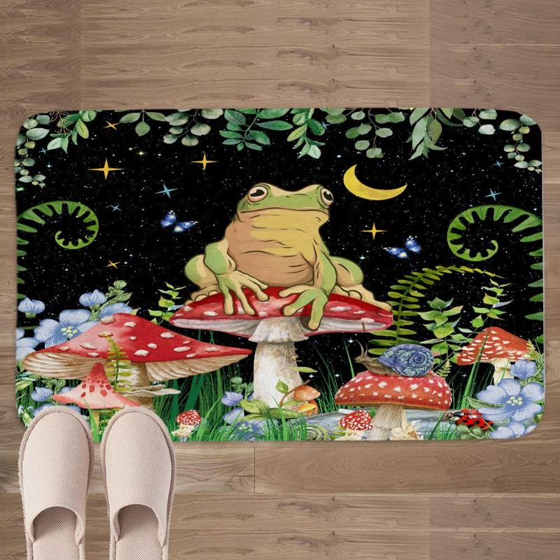 Photo 1 of  Mushroom Bath Mat Retro Mushrooms Floral Boho Moon Stars Botanical Plant Aesthetic Bathroom Rugs Cute Kids Black Bath Rugs for Bathroom 17 x 29 Inches