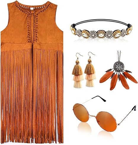 Photo 1 of  Women Hippie Costume Vest 70s Hippie Fringe Vest 6 Pieces Open-Front Suede Tassels Vest With Boho Necklace RingXL