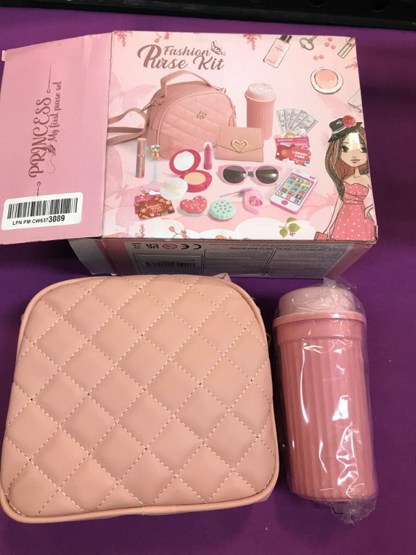 Photo 2 of Kids Pretend Play Little Girl Purse Accessories, Princess Toy Cell Phone Fake Makeup Handbag Wallet Sunglasses Keys Credit Card Water Bottle Birthday Gifts Toys for 3 4 5 6 7 8 9 10+ Year Old Girls