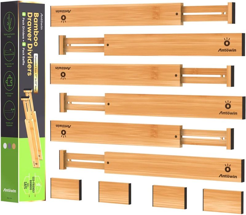 Photo 1 of ANTOWIN Pack of 10 Adjustable Bamboo Drawer Organiser Spring-Loaded Kitchen Chest of Drawers Bathroom Bedroom Baby Drawer Desk Organiser System (43-56 cm)
