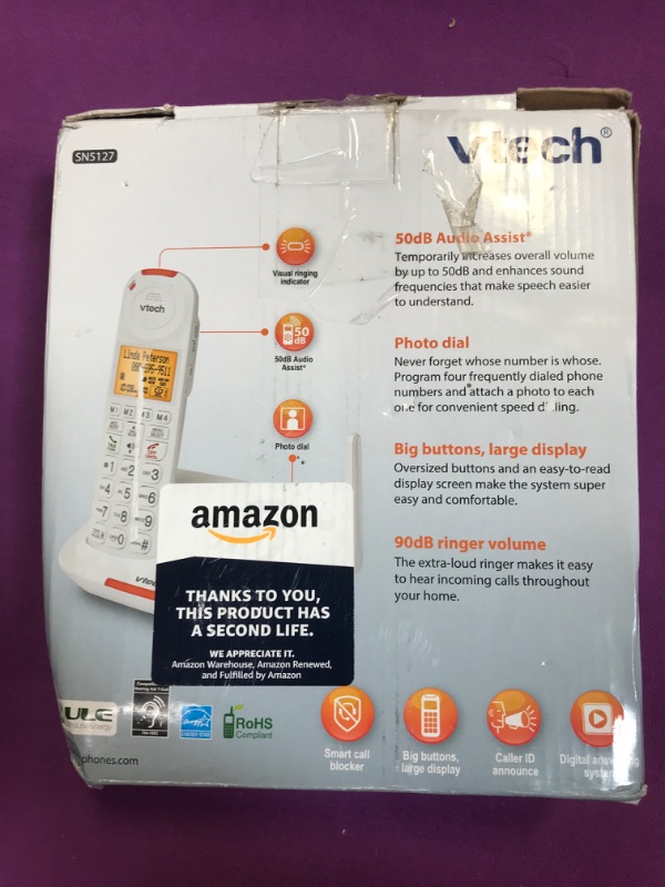 Photo 1 of VTech SN5127 Amplified Cordless Senior Phone with Answering Machine, Call Blocking, 90dB Extra-loud Visual Ringer, One-touch Audio Assist on Handset up to 50dB, Big Buttons and Large Display, White
