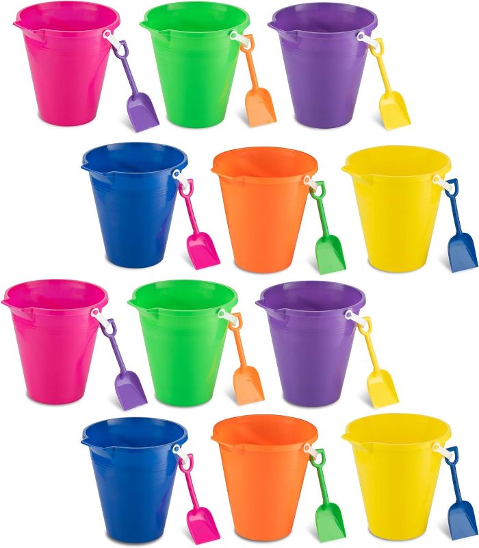 Photo 1 of 4E's Novelty 9" Large Sand Bucket with Shovel [12 Pack Bulk] Beach Buckets - Beach Toys for Kids & Toddlers, Party Favors Holders