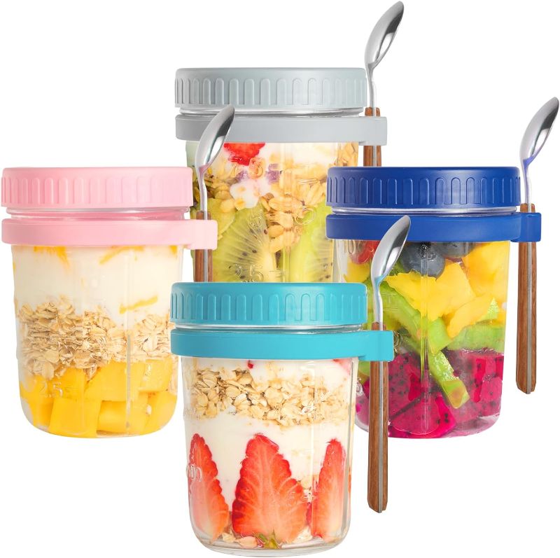 Photo 1 of 4 Set Overnight Oats Containers with Lid and Spoon Overnight Oats Jars 12oz Glass Airtight with Measurement for Cereal Yogurt Milk (Gray, Blue, White, Green)*******Factory Sealed