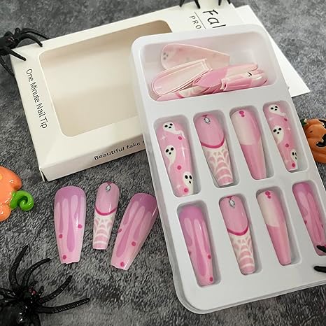 Photo 1 of  Halloween Pink Press on Nails Long Coffin Acrylic Artificial Nails With Spider Web Ghost Glue on Nails Glossy Full Cover Stick on Nails French Tip Cute Nail Art for Women