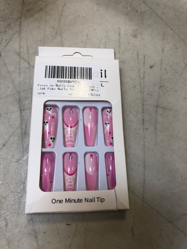 Photo 2 of  Halloween Pink Press on Nails Long Coffin Acrylic Artificial Nails With Spider Web Ghost Glue on Nails Glossy Full Cover Stick on Nails French Tip Cute Nail Art for Women
