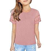 Photo 1 of 7/8--Geckatte Kids Girls' T-Shirts Short Sleeve Crewneck Cutout Summer Casual Solid Basic Tee Shirts 