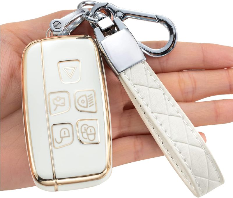 Photo 1 of BOVIIYK Key Fob Cover Key Chain, Soft TPU Key Fob Case Full Protection Compatible Land Rover Defender Discovery Sport LR3 LR4 Range Rover Sport Evoque Velar,Jaguar XF XJ XJL XE F-PACE Key Fob White