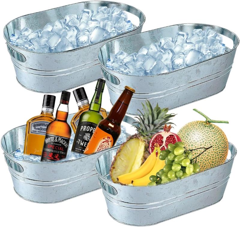 Photo 1 of 4 Pack 4 Gallon Classic Oval Ice Bucket,Galvanized Metal Cooler Beverage Tub for Wine Champagne Cooler and Beer Chiller Storage Bucket with Carry Handles Bin for Parties Farmhouse Rustic Home Bar