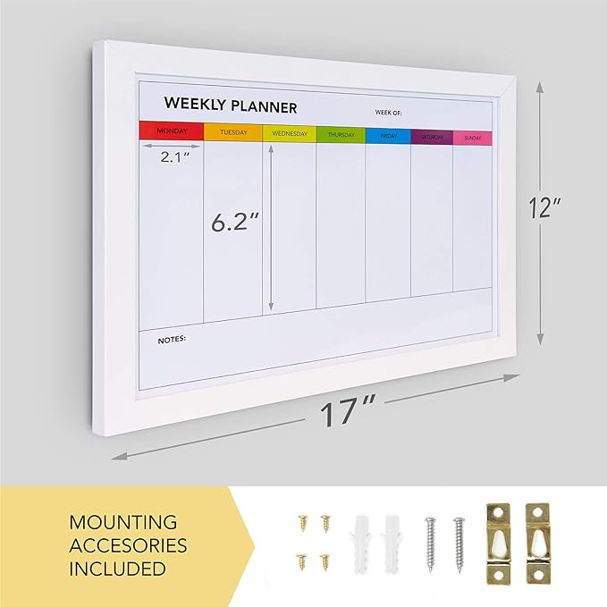 Photo 2 of Weekly Dry Erase Board for Wall [17in x 12in] Weekly Whiteboard Planner and Magnetic Calendar - Days of The Week White Board for Schedule, Daily Meal Planner - Includes Full Mounting Kit