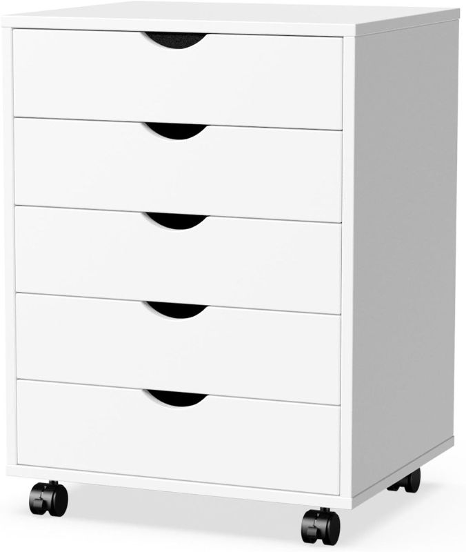 Photo 1 of 5 Drawer Chest- Dressers Storage Cabinets Wooden Dresser Mobile Cabinet with Wheels Bedroom Organizer Drawers for Office, Home, White
