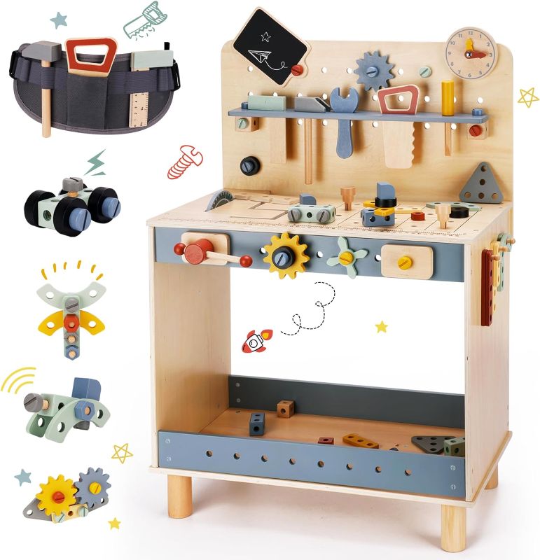 Photo 1 of bpmfkid Deluxe Wooden Toy Workbench for Kids, 69 Pieces Tool Playset with Play Tools Set, Storage Space, Tool Bench, and Educational Gift for Girls & Boys Toddlers 3+
