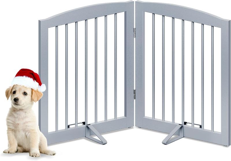 Photo 1 of missing pieces damaged PUPETPO Freestanding Pet Gate for Dogs, Foldable Wooden Dog Gate for House, Indoor Dog Gate for Stairs, Doorways, Step Over Pet Puppy Safety Fence, Support Feet Included, 24" Height 2 Panels, Grey
