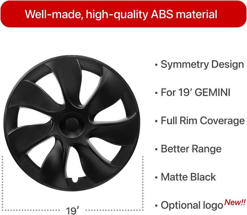 Photo 1 of 1 pack KAVANIC Wheel Cover Hubcap 19 Inch Matte Black Support Logo Symmetry Design (1 PCS) Blade Style 2020-2023 Fits Tesla Model Y Gemini Wheel Cover Replacement
